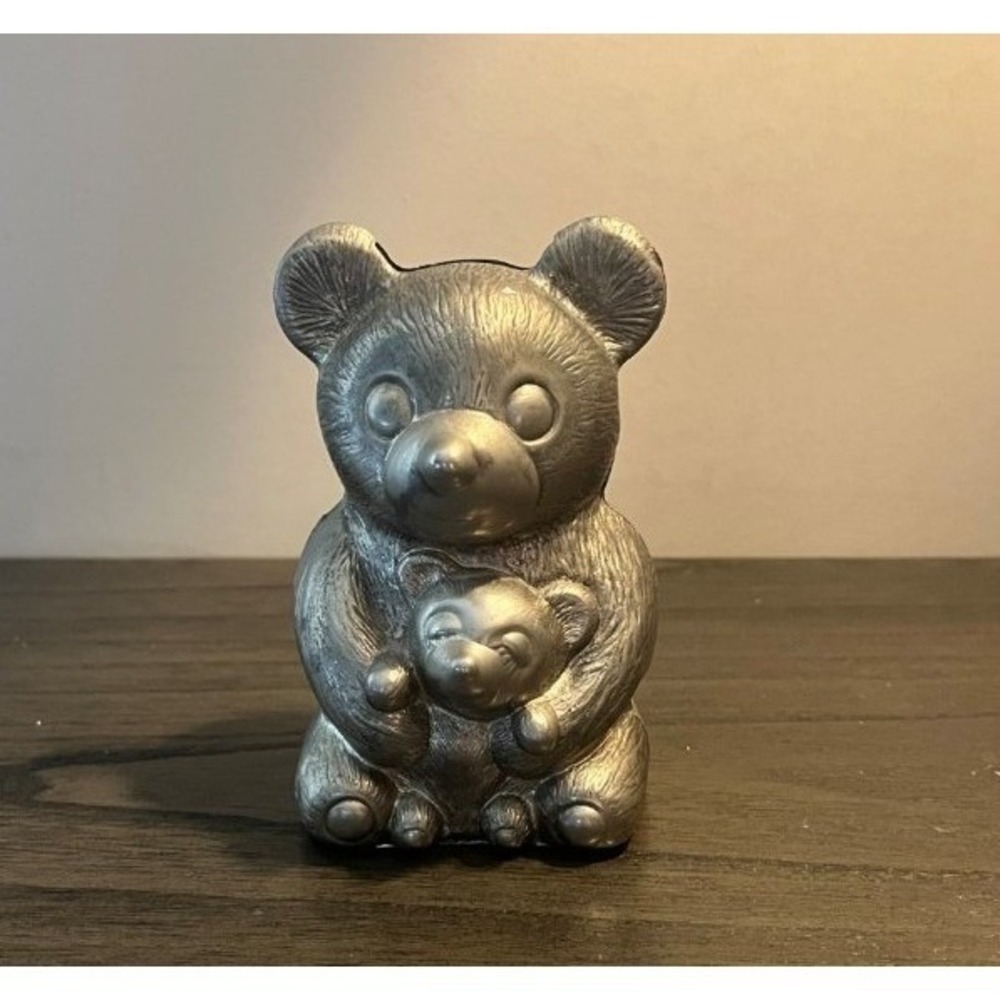 Vintage Leonard Silverized Bear & Cub Coin Bank Italy 5" Figural